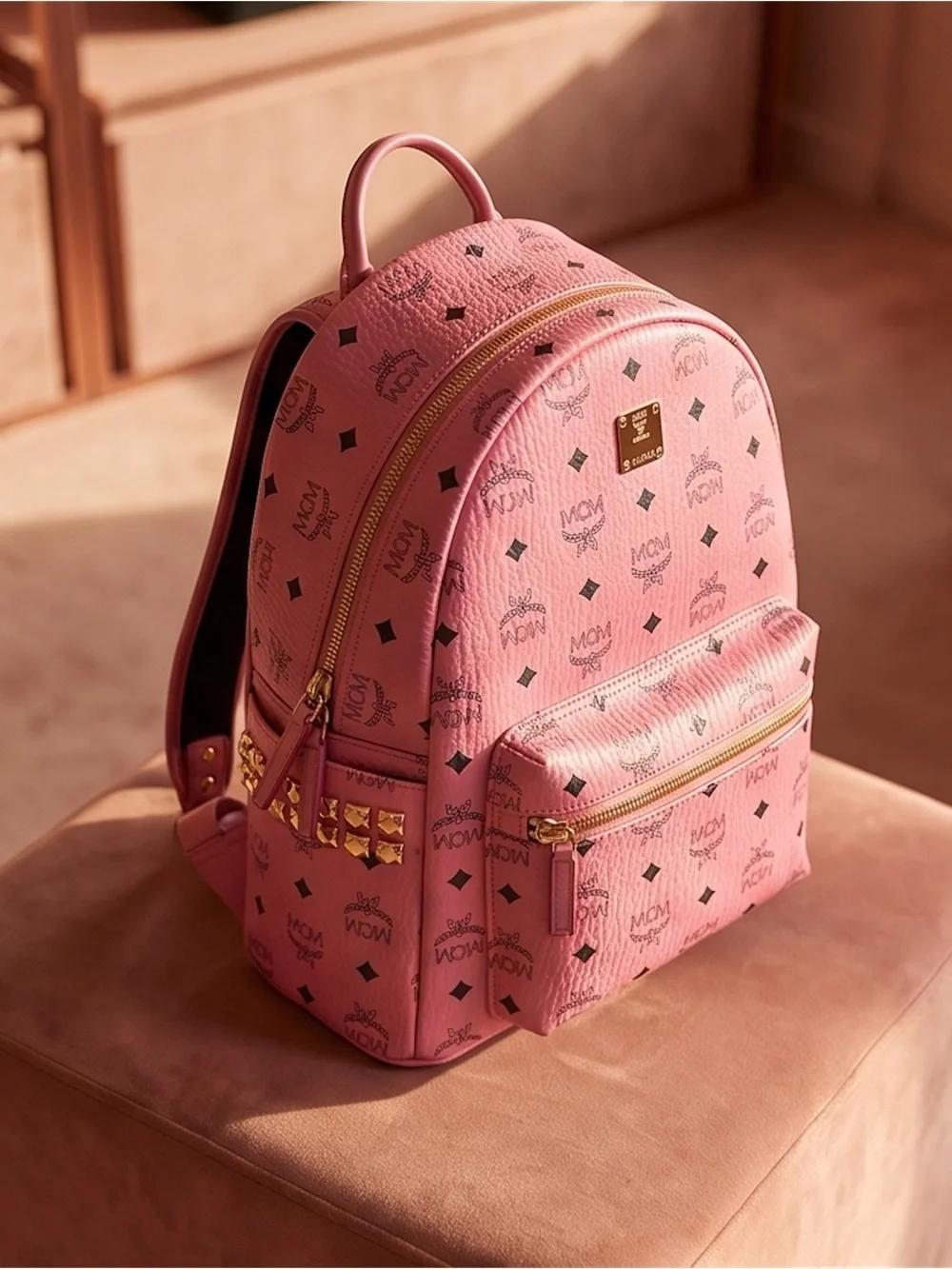 MCM VISETOS STUDDED MEDIUM STARK BACKPACK Bubble Gum Pink MSRP $1498